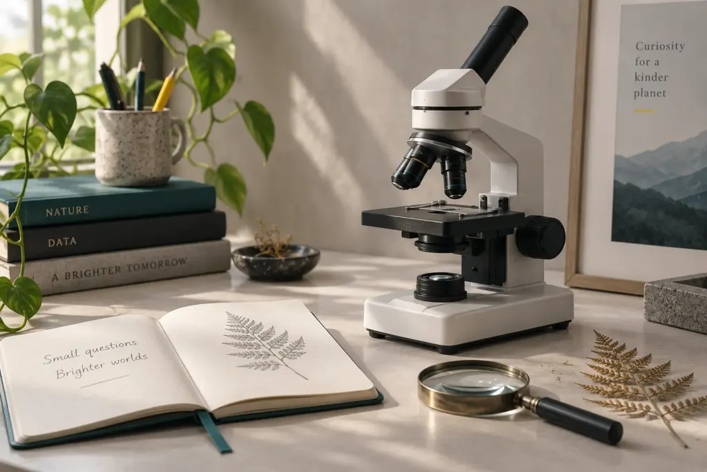 Conceptual illustration of a microscope and notebook on a desk, representing curiosity about biology.