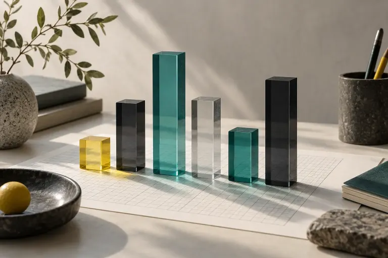 Decorative acrylic columns arranged on grid paper as a visual metaphor for charts, not actual measured data.