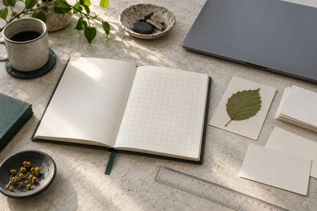Conceptual desk scene with a notebook, a pressed leaf and blank cards beside a laptop.