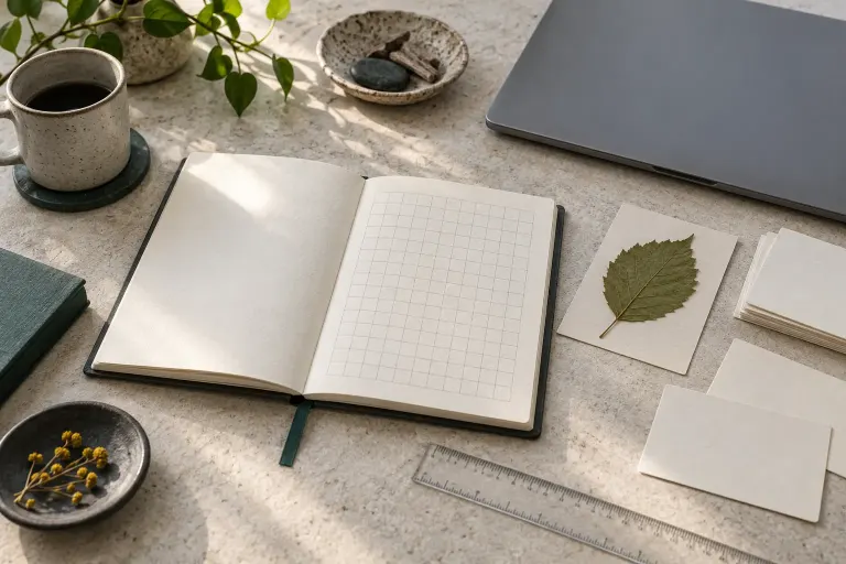 Conceptual desk scene with a notebook, a pressed leaf and blank cards beside a laptop.