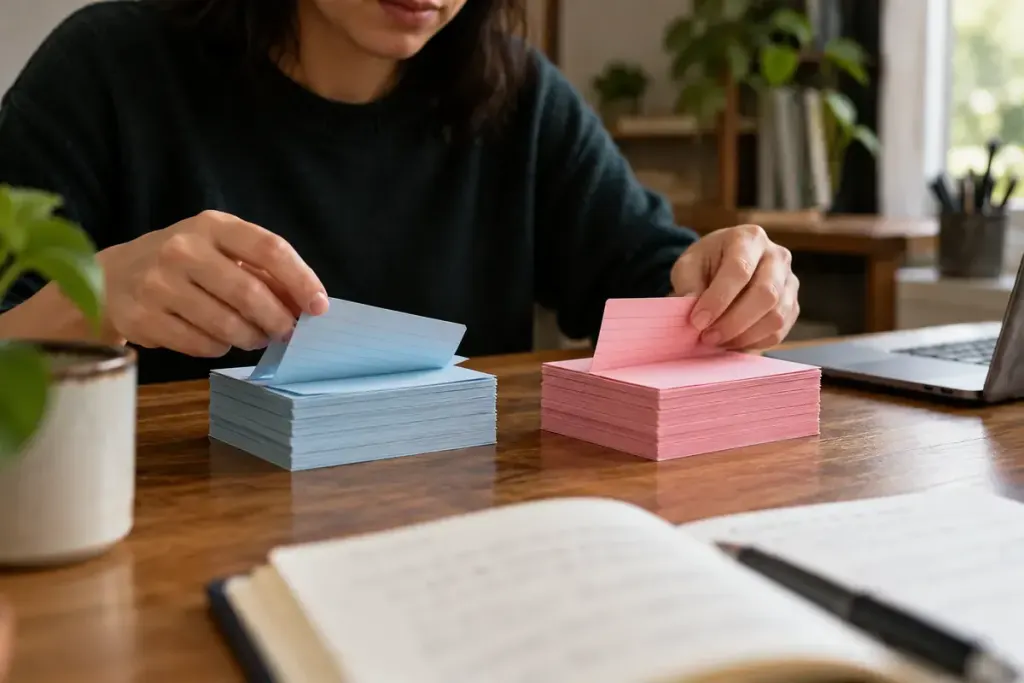 Two differently coloured stacks of index cards on a data analyst’s desk.