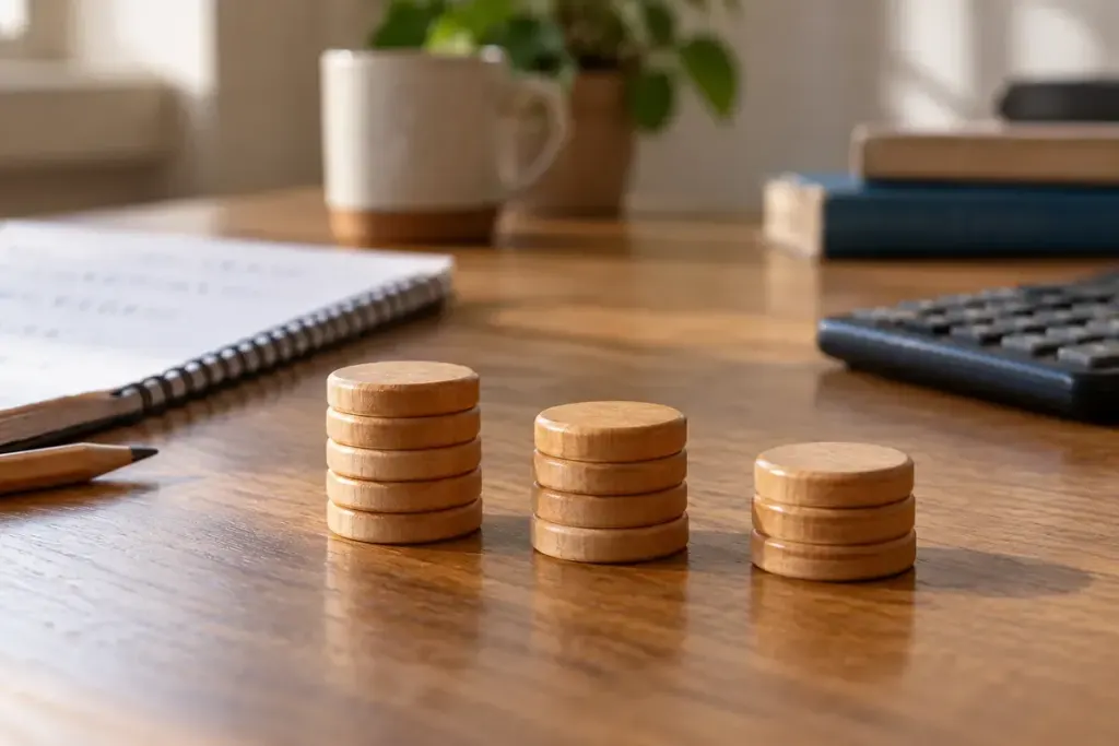 Three small stacks of wooden counters on a mathematics desk.