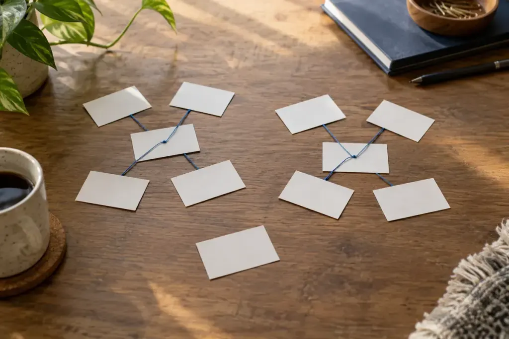 Two groups of index cards connected with blue threads and one unmatched card.
